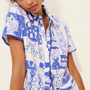Farm Rio Anthropologie Nautical Boxy Crochet Trim Linen Blend Top Blouse L